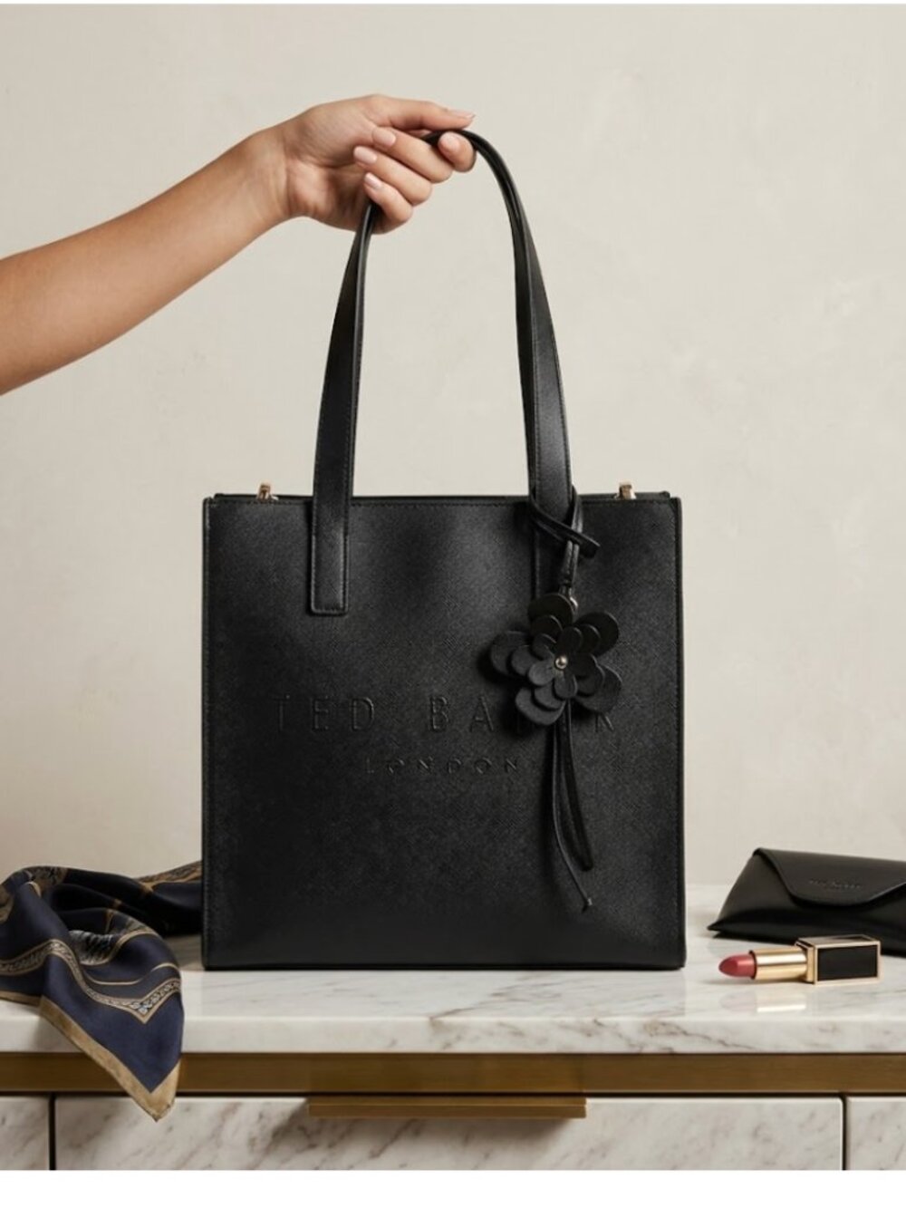 NWT Ted Baker London The Icon Black Embossed Small Tote With Flower Charm